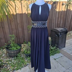 R & M Richards Navy Maxi Dress with Embellished Waist